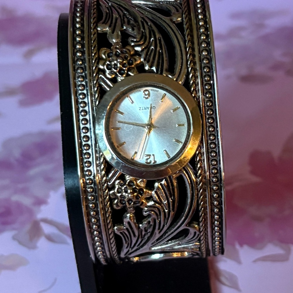 Silver and Gold Quartz Watch with Floral Design